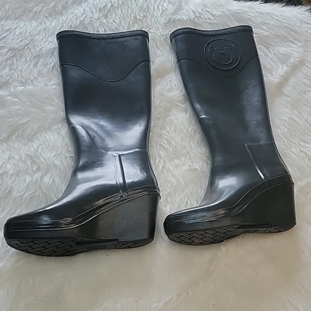 HUNTER Rare Green Wedge Crest Emblem Tall Preppy Pull On Waterproof Rain Boots 5